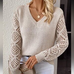 New Cream Knit Sweater with Lace Sleeves